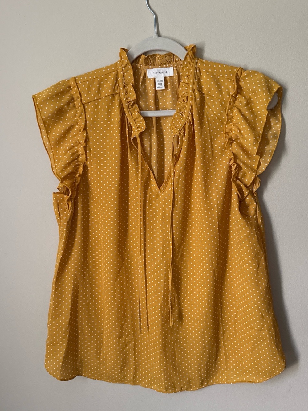 Tombolini Mustard Polka Dot Ruffle Tie-Neck Blouse
